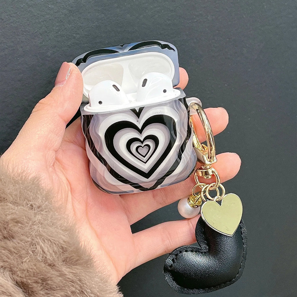 Black stacked heart silicone earphone case for AirPods with pendant, compatible with AirPods 1, 2, 3, Pro and Pro 2