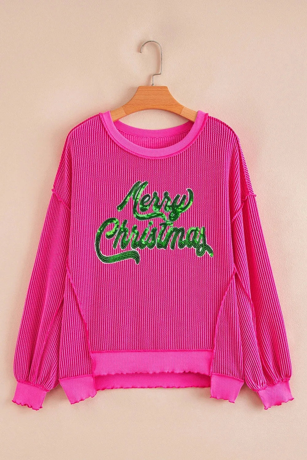 Women's fashion alphabet sequins long sleeve pullover top in strawberry pink, loose fit