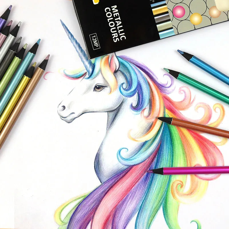 12-Color Metallic Colored Pencils Set in Box Wooden 2B Lead Art Drawing Pencils