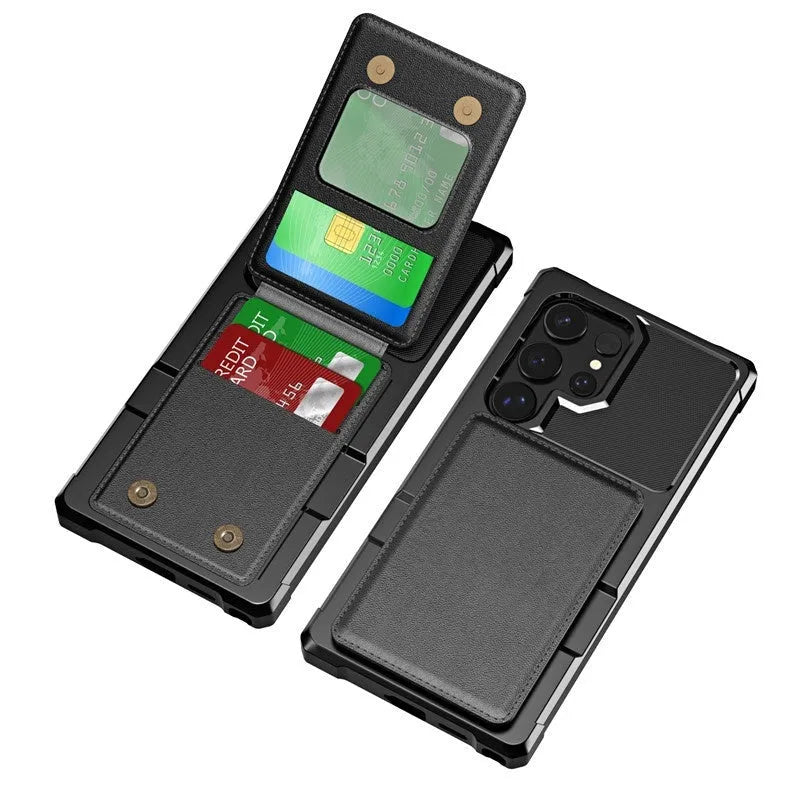 Black Samsung phone case with card slot and kickstand, made of PU and TPU, full cover drop-resistant.