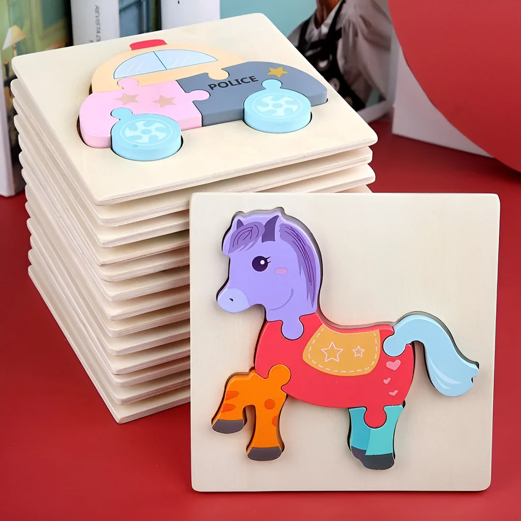 Wooden children's puzzle building block toy measuring 15 x 15cm, featuring an excavator design for infant learning