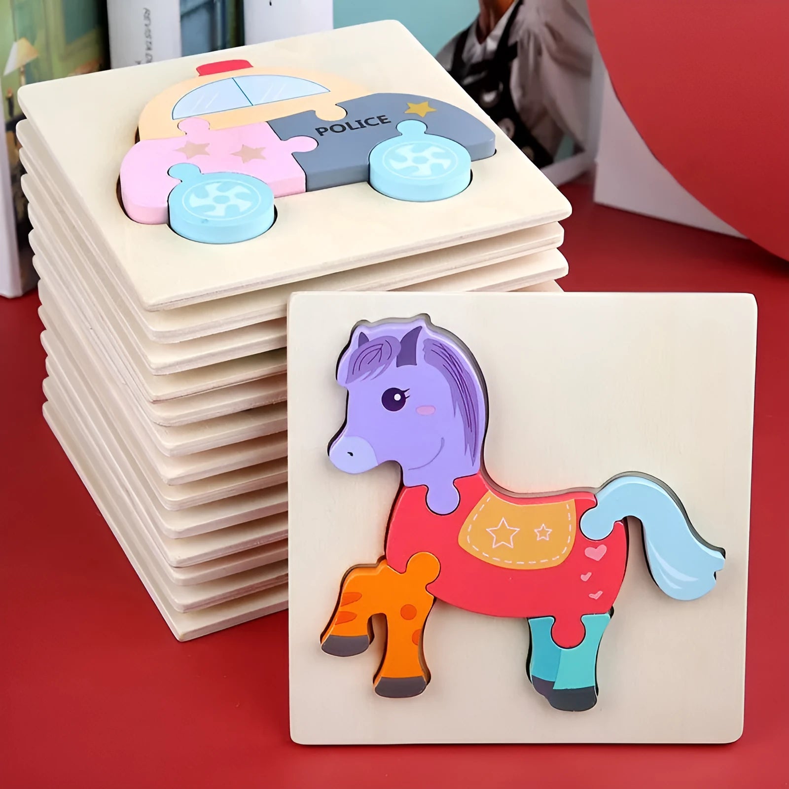 Wooden children's puzzle building block toy measuring 15 x 15cm, featuring an excavator design for infant learning