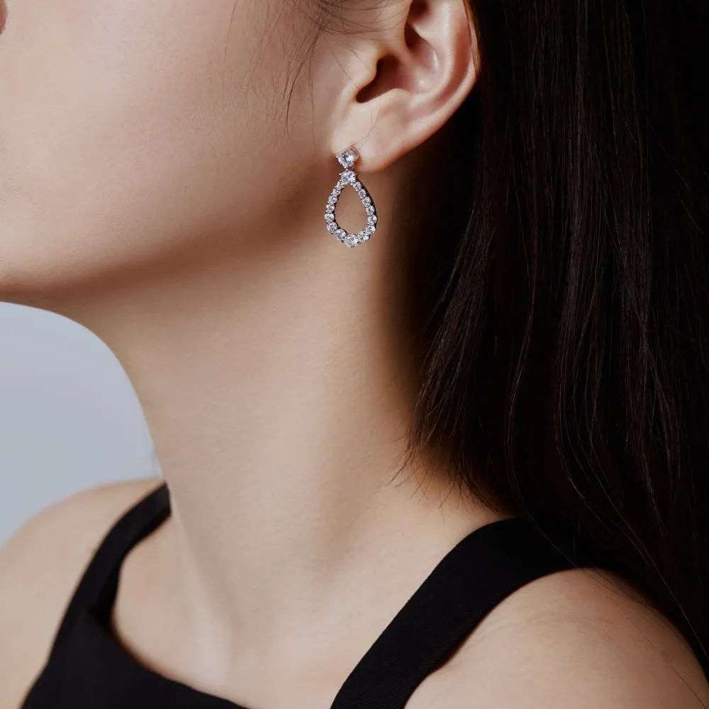 925 silver hollow zircon water drop earrings with platinum electroplate finish, 15 x 28.5mm