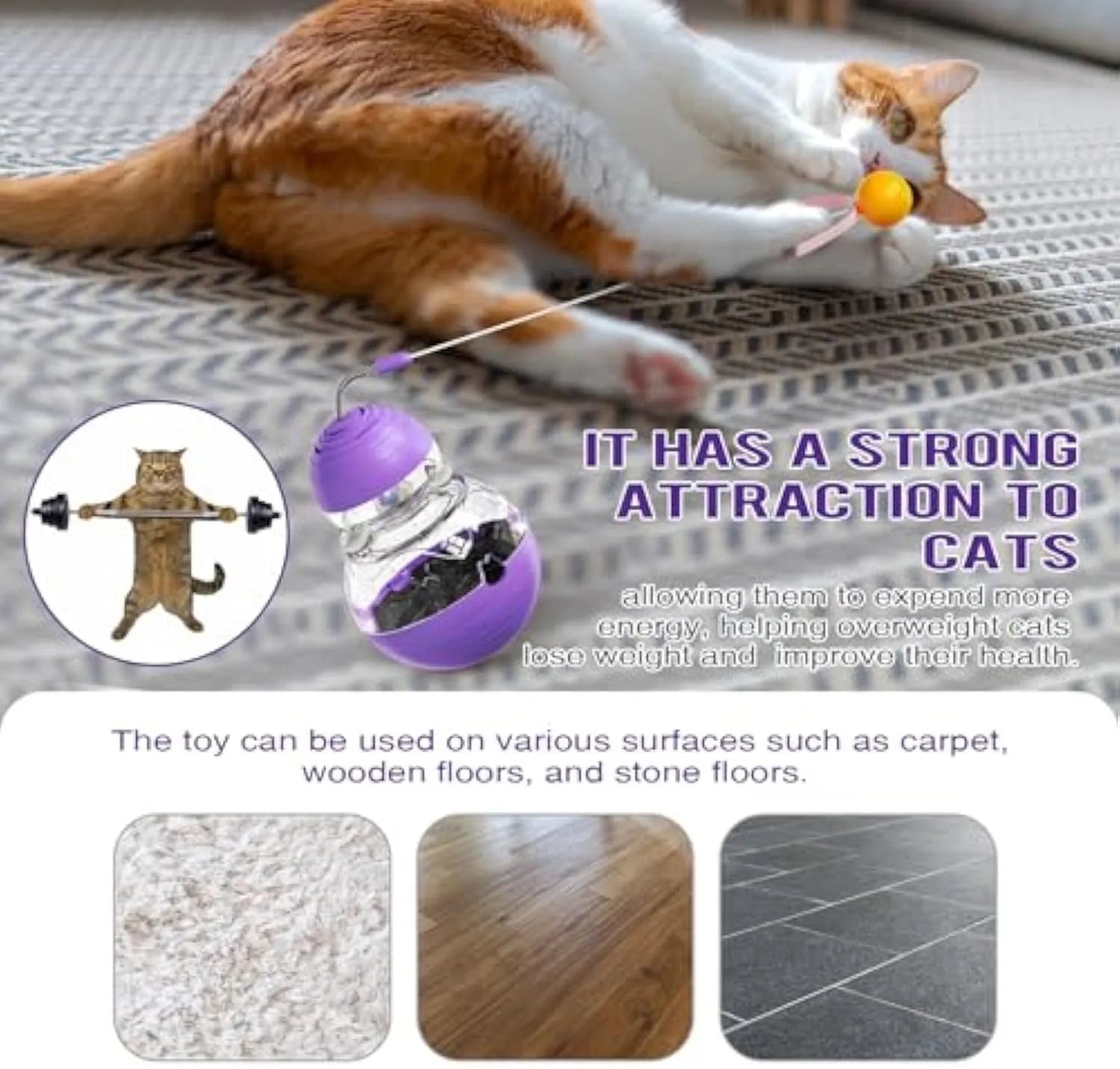 Interactive cat wand toy with slow feeder, showing bouncing ball on elastic stick and colourful rugby barbell design on yellow base.