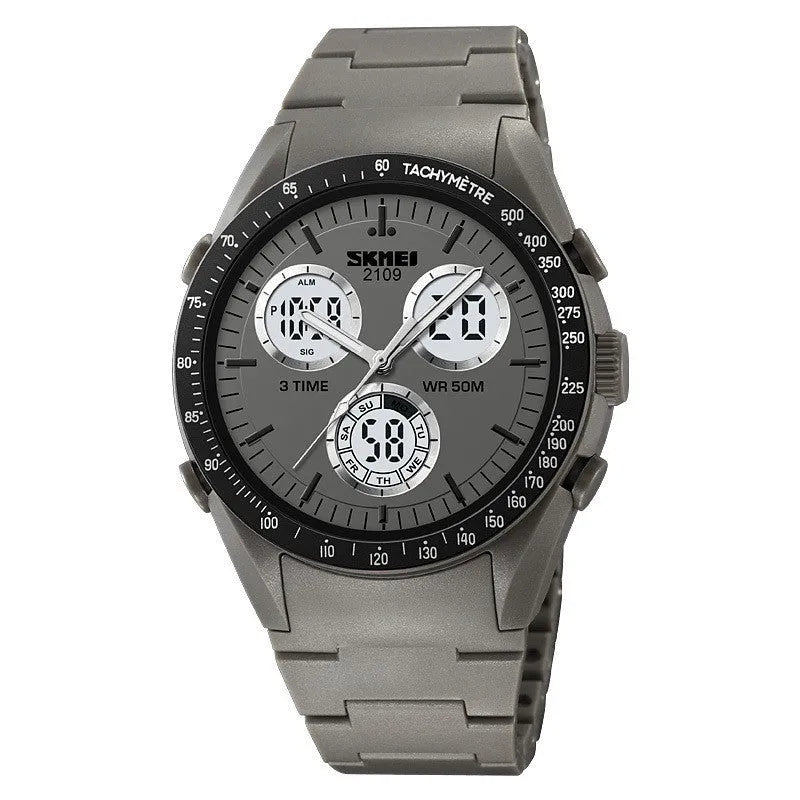 Electronic casual watch with digital display on a camouflage TPU strap, showing time and date.