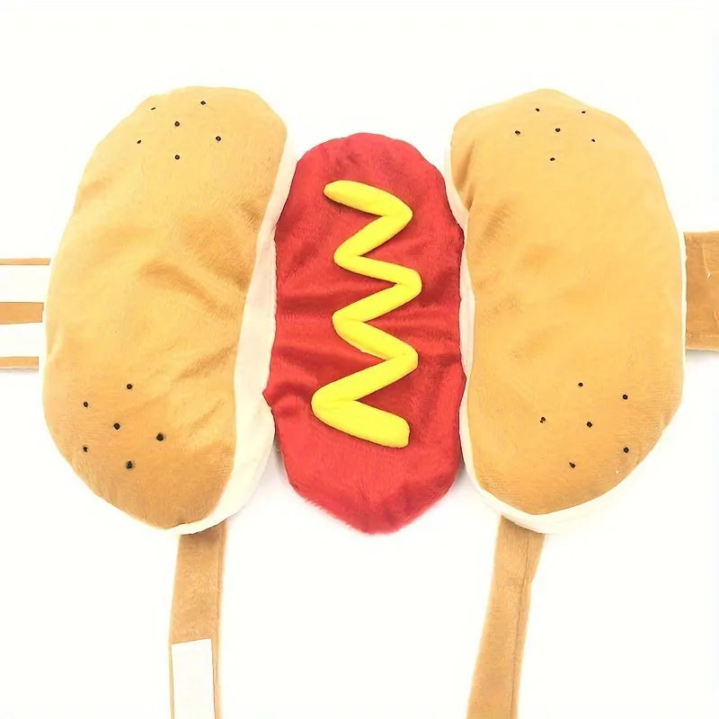Small dog wearing a funny brown and beige full-body hot dog costume with bun sleeves.