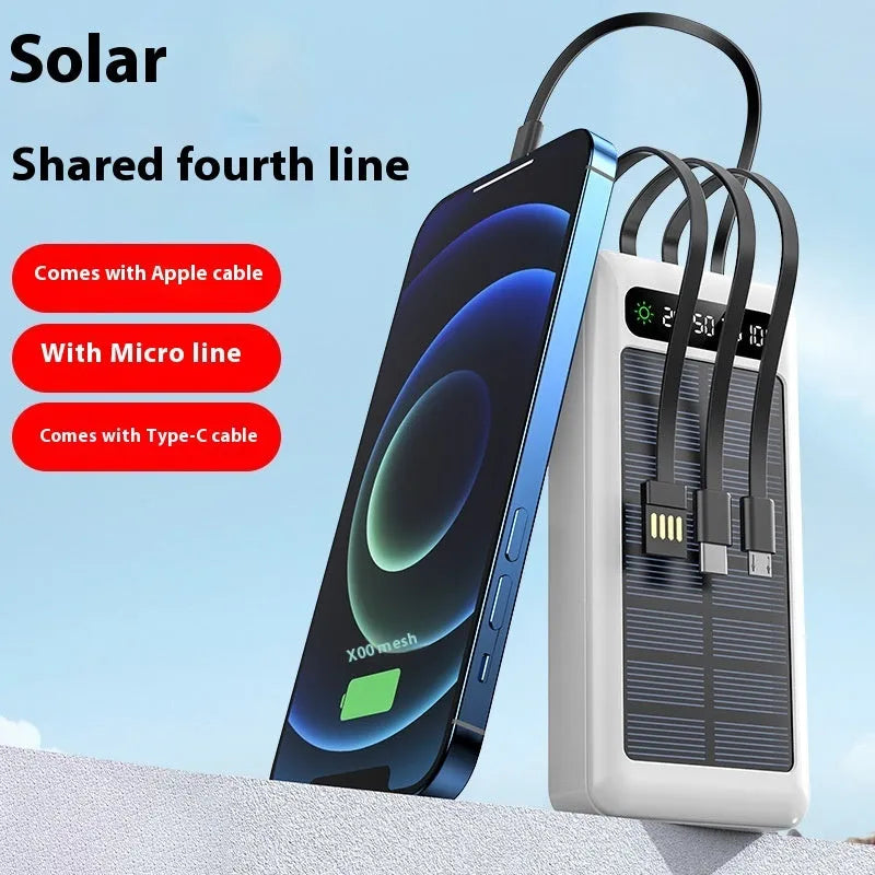 30000 mAh solar power bank with cable in black, white, or green plastic casing