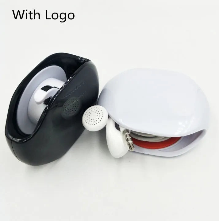 Compact automatic earphone winder in multiple colours on a grey background, showing extended cable.
