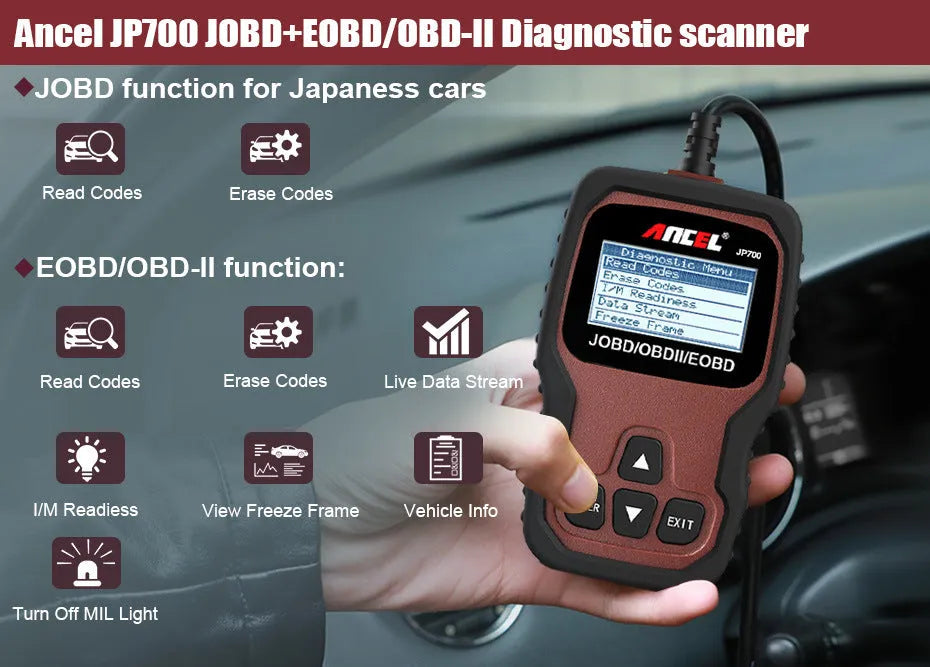 JP700 12V car engine code reader scanner with USB cable and manual, brown automobile fault detector