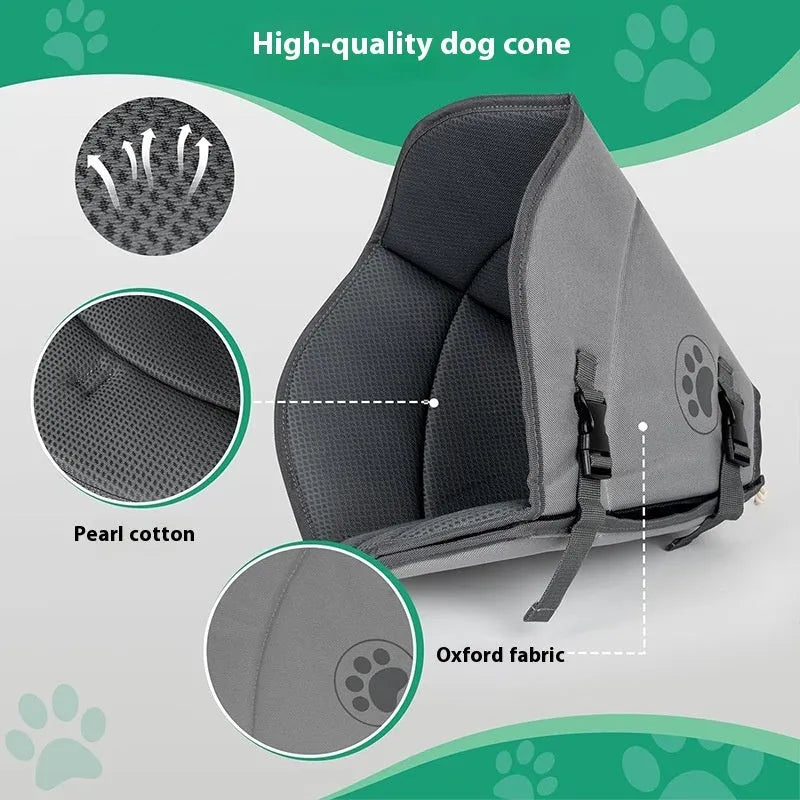 Soft grey adjustable fabric recovery collar ring for dogs and cats on a table, showing the fastener.