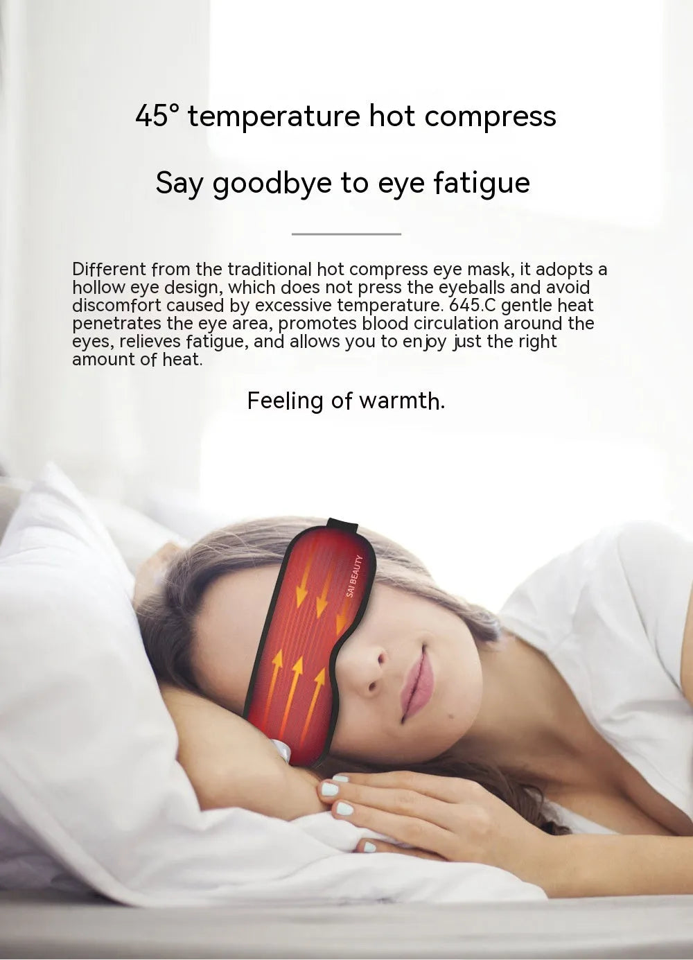 Lycra fabric sleep eye mask with steam and massage functions, shown with USB cable