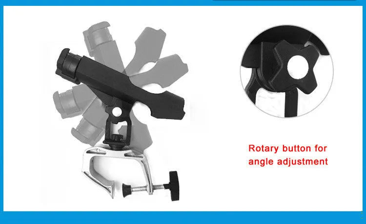 Black nylon plastic fishing rod holder with aluminium G clamp, 360 degree rotation and locking function