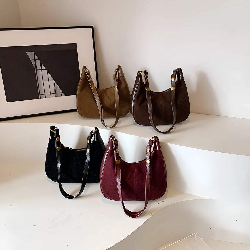 Retro commuter crossbody bag in PU with oval shape and three-dimensional pocket, shown in black, wine red, dark brown, or brown.