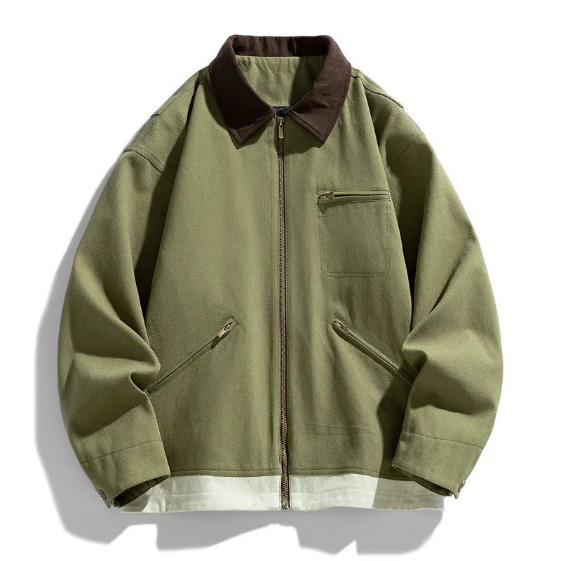 Men's retro workwear jacket with contrast lapels in mint green colour showing side seam pockets