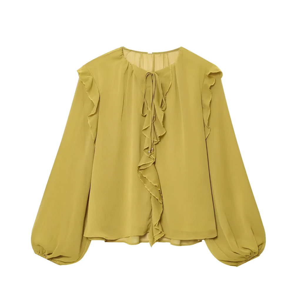 Women's yellow ruffled laminated decorative shirt with plants and flowers print and button front