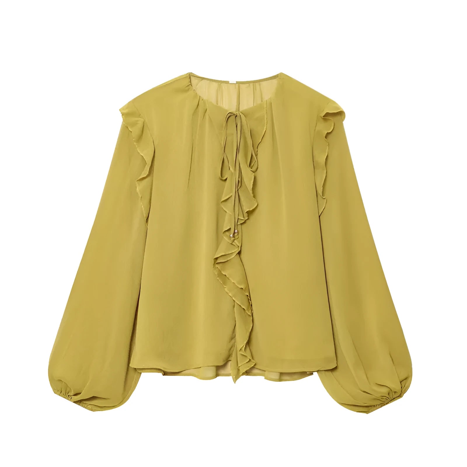 Women's yellow ruffled laminated decorative shirt with plants and flowers print and button front