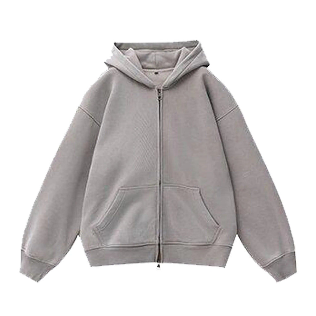 A women's loose-fit hooded cardigan sweater in a distressed colour, showing patch pockets and drop-shoulder sleeves.