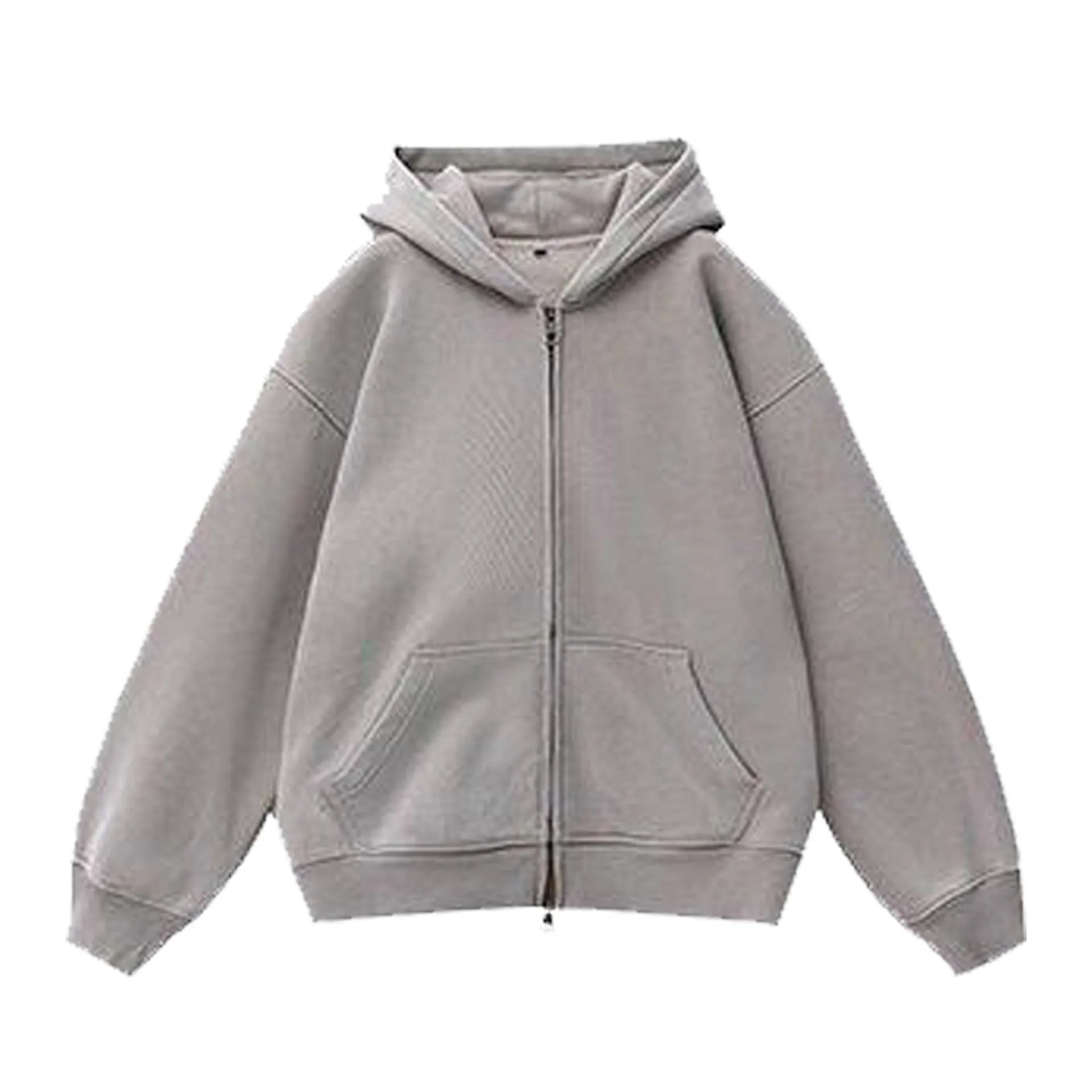 A women's loose-fit hooded cardigan sweater in a distressed colour, showing patch pockets and drop-shoulder sleeves.