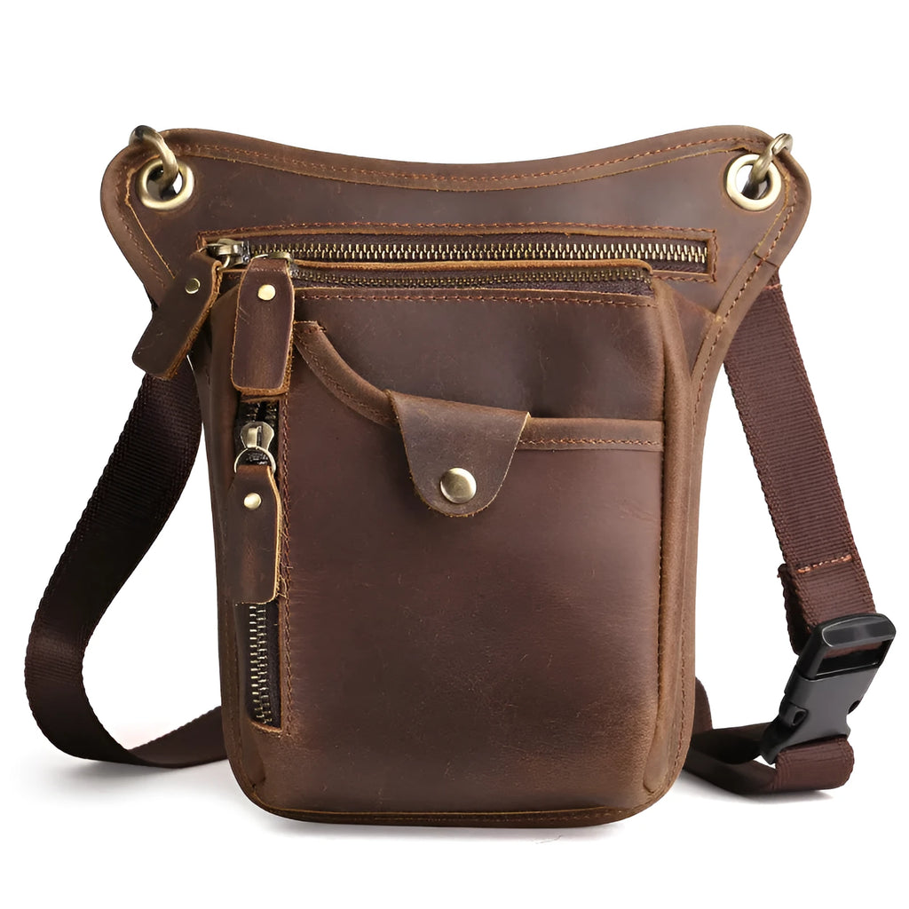 Men's vintage-style leather satchel bag in crazy horse leather showing colour options.