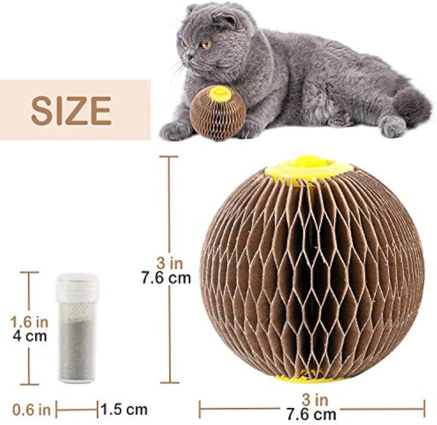 Brown catnip refillable scratch ball made from recycled corrugated paper with natural catnip included, 76mm size, on wooden floor