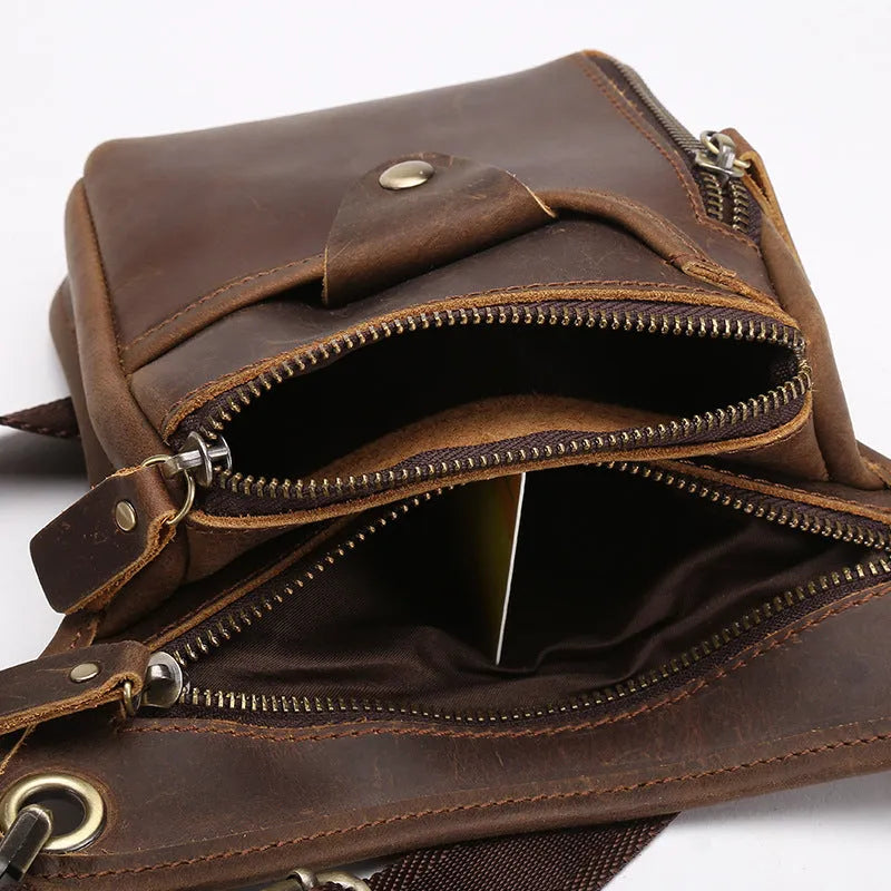 Men's vintage-style leather satchel bag in crazy horse leather showing colour options.
