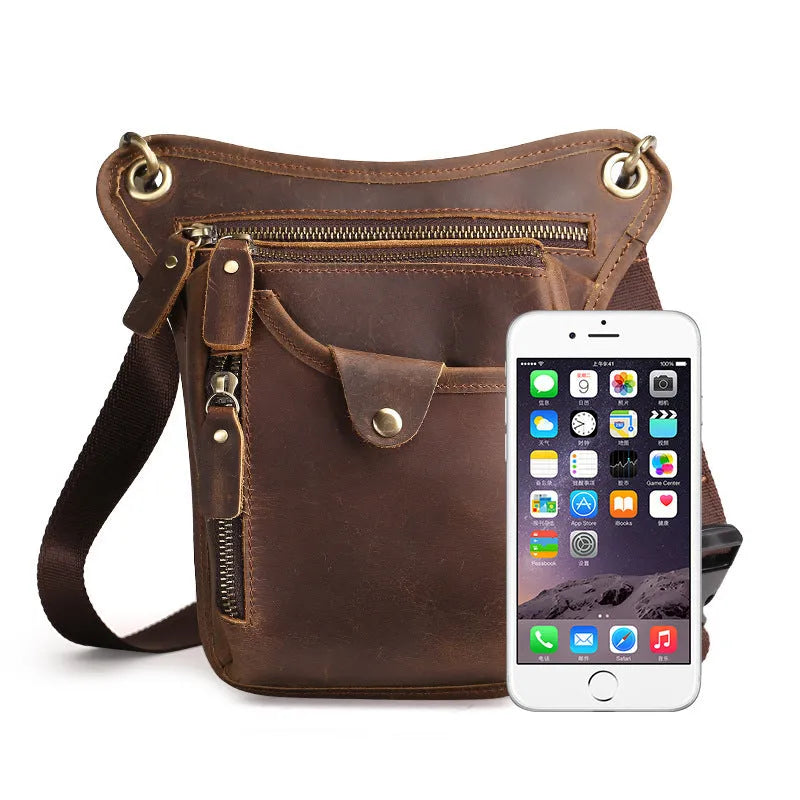 Men's vintage-style leather satchel bag in crazy horse leather showing colour options.