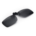 Male square sunglasses clip with black PC frame and resin lens, shown with mirror cloth and storage box