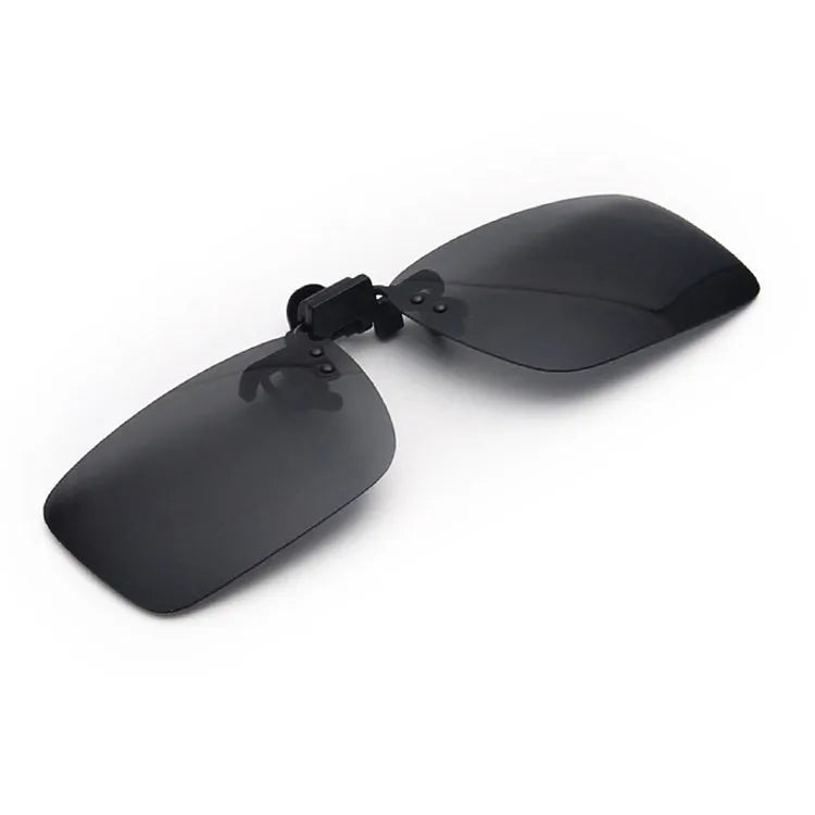 Male square sunglasses clip with black PC frame and resin lens, shown with mirror cloth and storage box