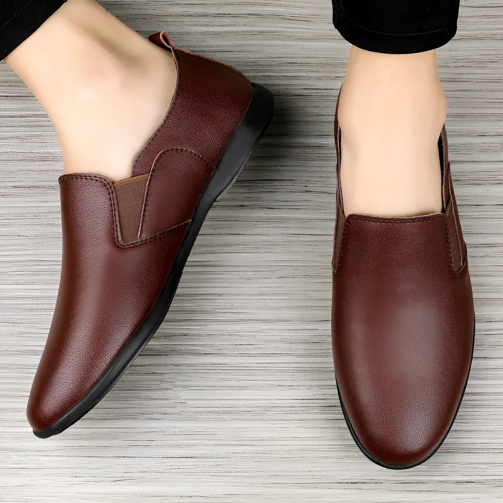 Men's black leather business shoes with round toe and breathable design