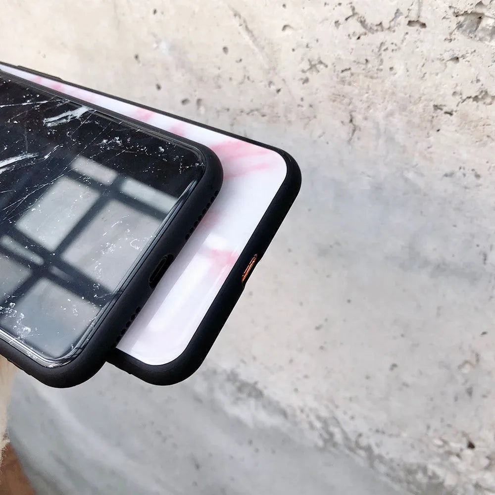 Marble glass phone case with TPU bumper for iPhone 6 to XS Max, Beige colour option