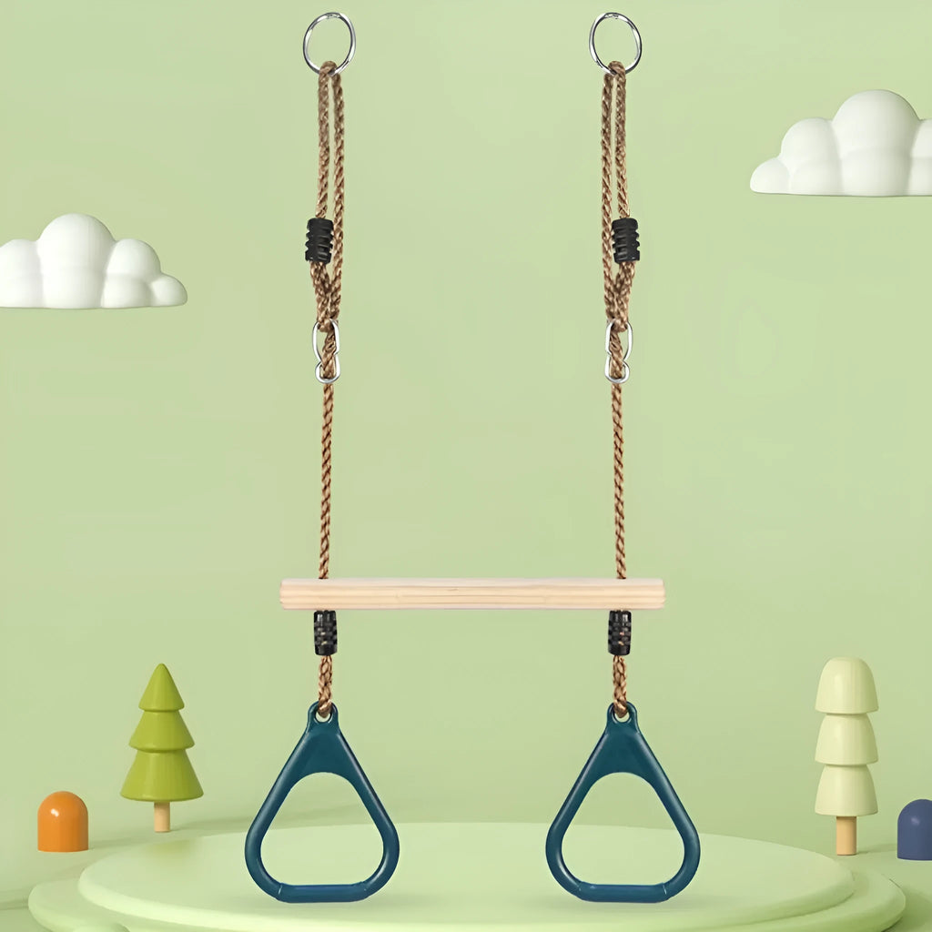 Children's horizontal bar with wooden ring swing in green, 57.5x169 cm, for indoor outdoor arm exercise