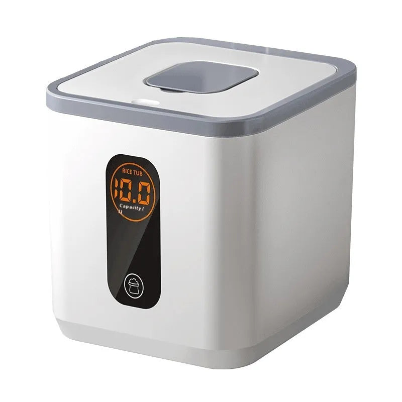 Simple grey plastic sealed rice storage jar with a lid, shown with a measuring cup.