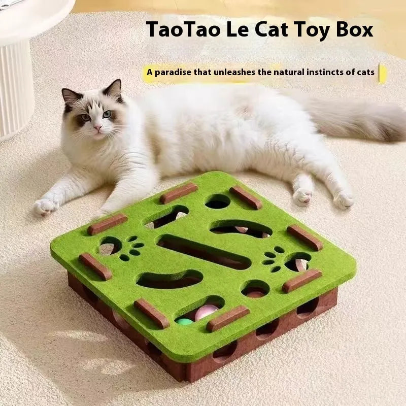 Cat self-hi toy felt box measuring 30cm wide with central relieving hole in camel white colour