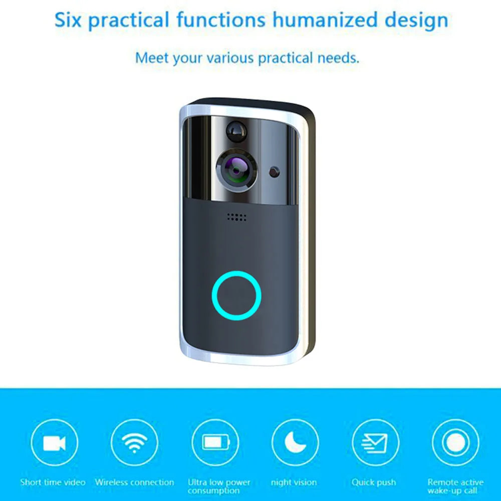 WiFi video doorbell camera in black, compact size, with night vision feature and two-way intercom