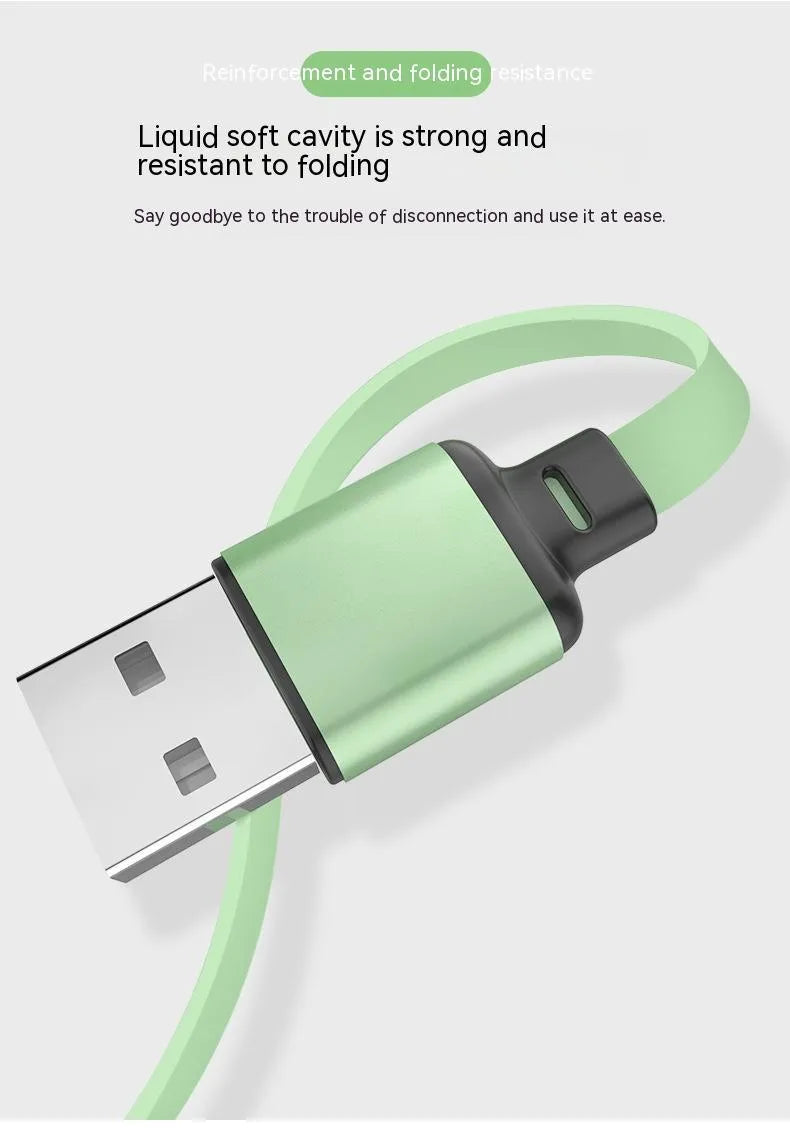 Three-in-one liquid silicone fast charging cable with aluminium alloy connectors, 1.2m length, in five colours.