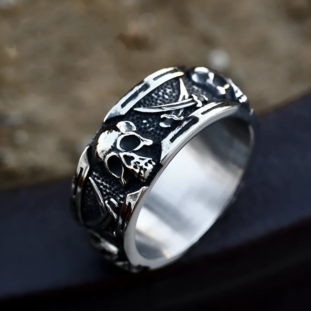 Steel Warrior men's titanium steel skull ring in retro punk style on a black background, showing the skull motif and metal finish