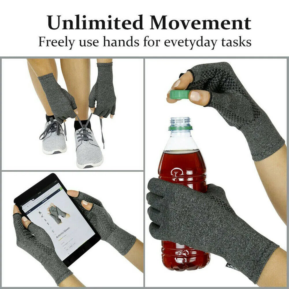 Grey half-finger joint compression gloves with anti-slip palm on a flat surface.