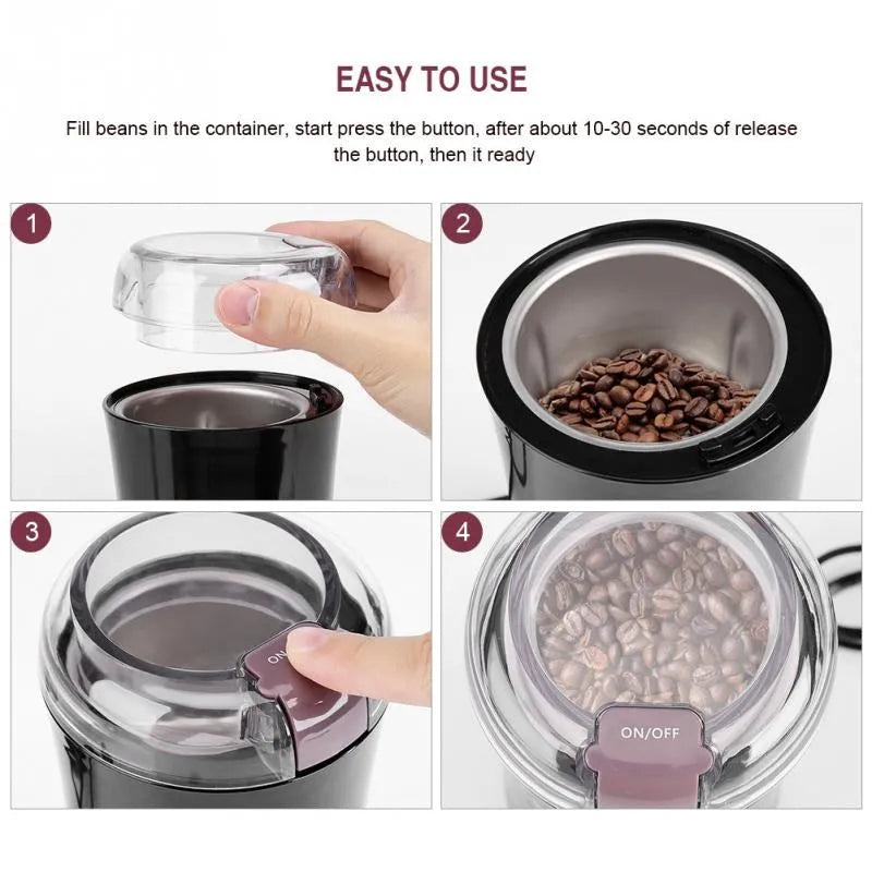 Black or purple mini electric grinder with stainless steel liner on a kitchen worktop