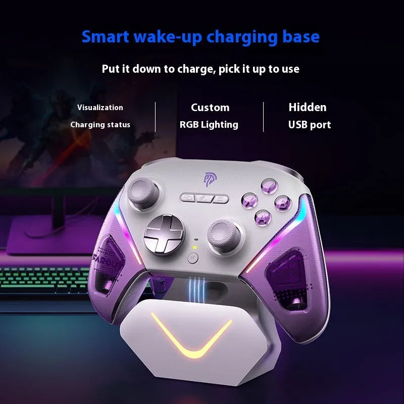 Rocker Smart wireless game controller on its charging base in Black, Green or Purple colour