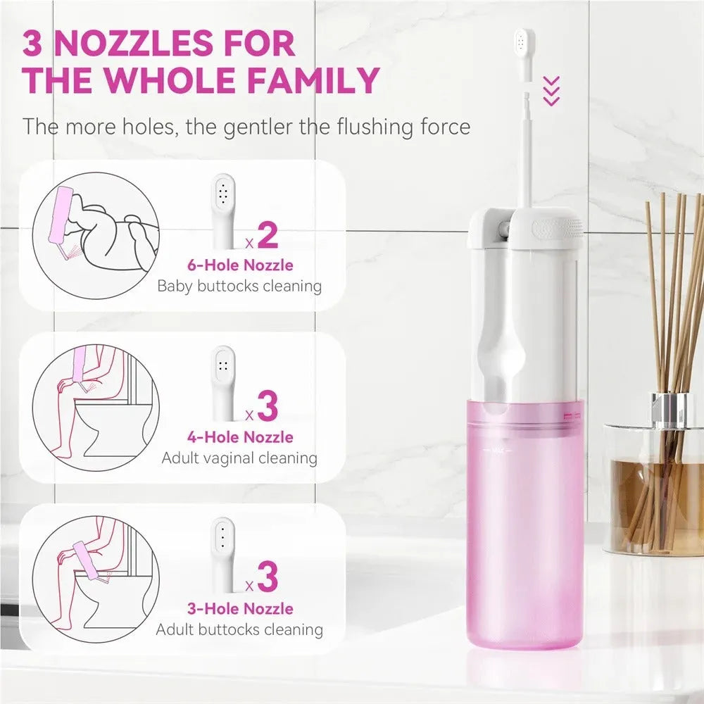 Portable household integrated electric washer in white and purple, 146x60x60mm, with LED screen and nozzles