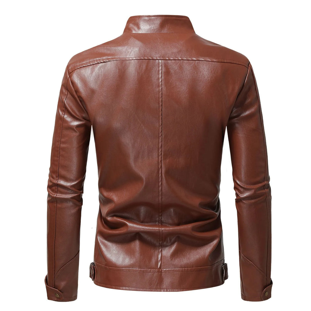 Men's PU leather coat with stand collar and double zipper in brown, regular fit.