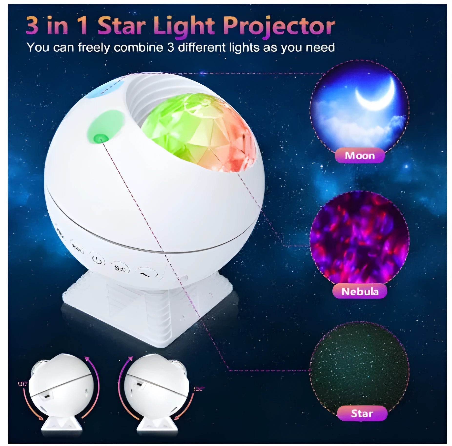 White spherical voice control LED starry sky projection lamp with USB cable for galaxy lighting effects