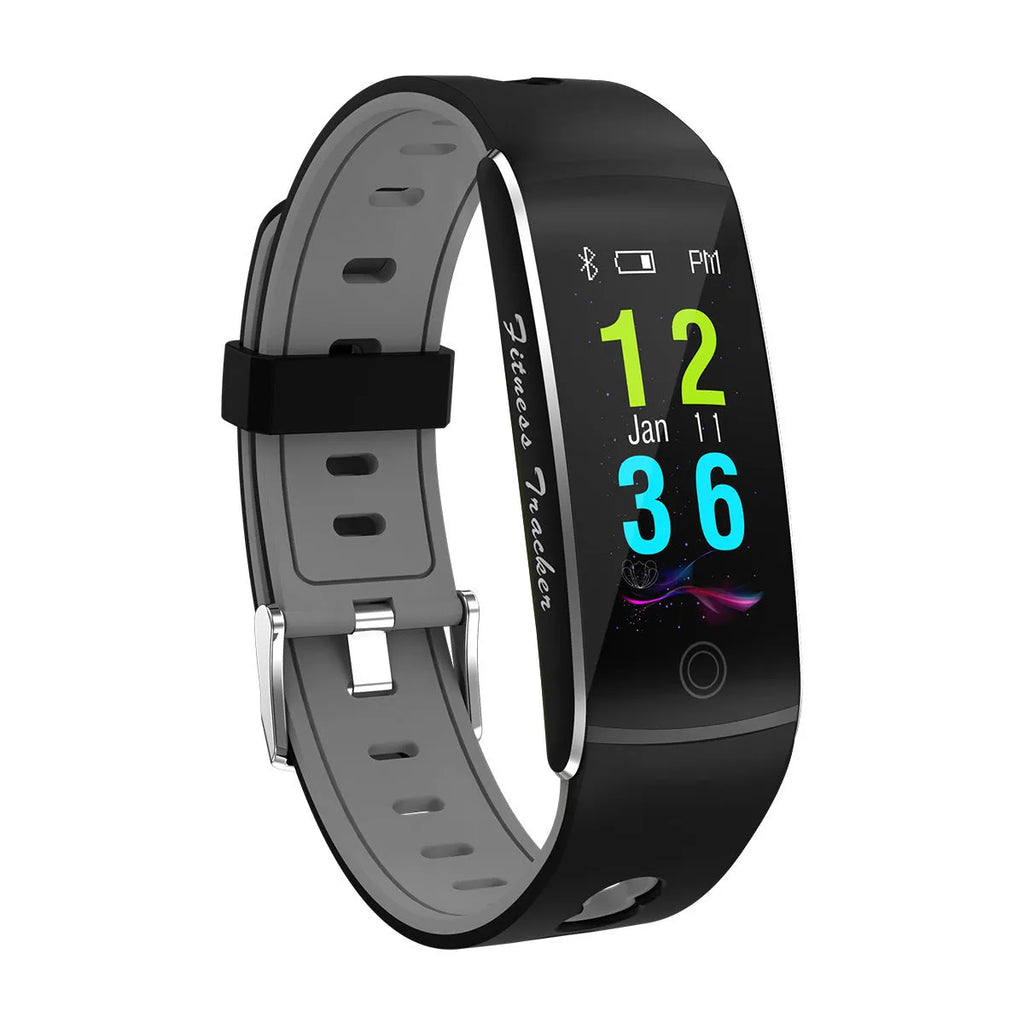F10T smart bracelet with body temperature monitoring on a wrist, showing its 0.96-inch colour screen and silicone strap.