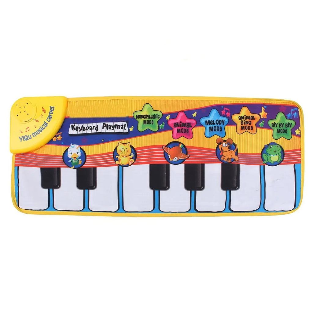 Baby musical piano playmat with colourful shapes and kick-activated placket on soft fabric floor mat