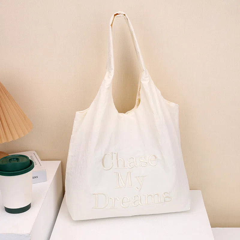 Korean-style 3D Letter shoulder bag with minimalist embroidery in nylon, available in four colours