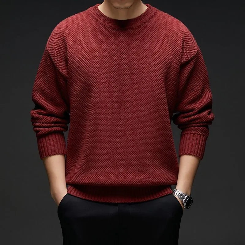 Ankela women's low collar thickening polyester pullover sweater in red, front view, available in multiple sizes and colours