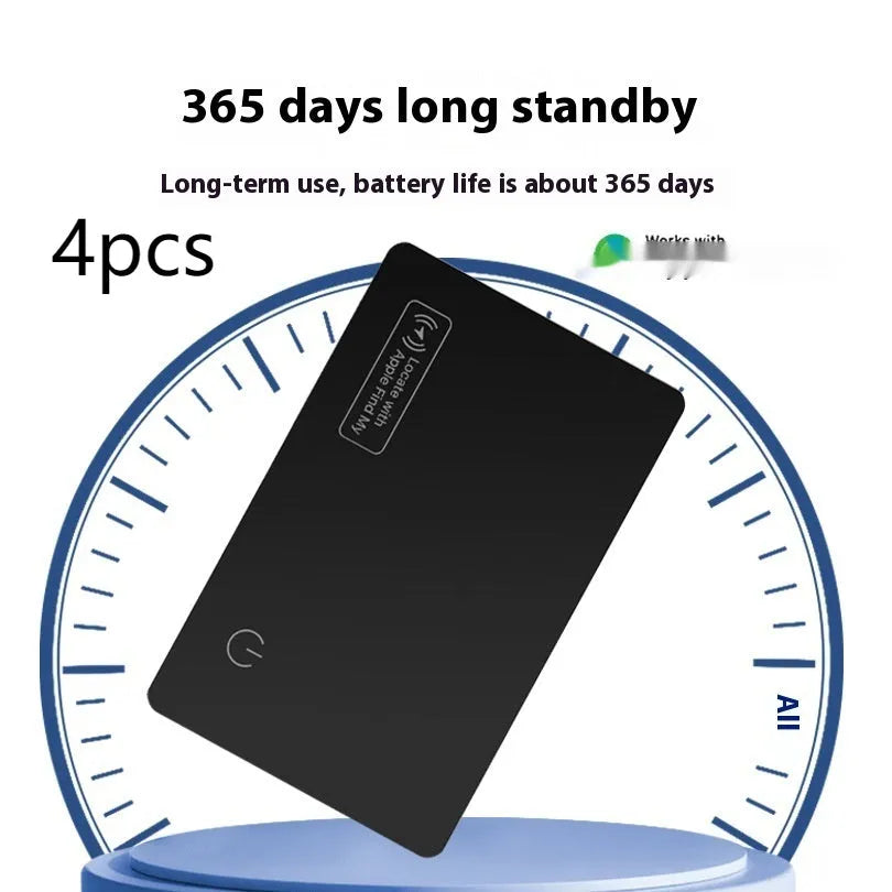 Black ultra-thin anti-loss card for Apple devices, shown next to a credit card for size comparison.