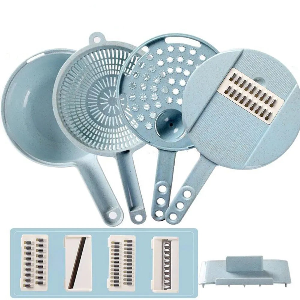 Blue 8-in-1 mandoline slicer with stainless steel blades, container, hand protector, and drain basket on kitchen counter