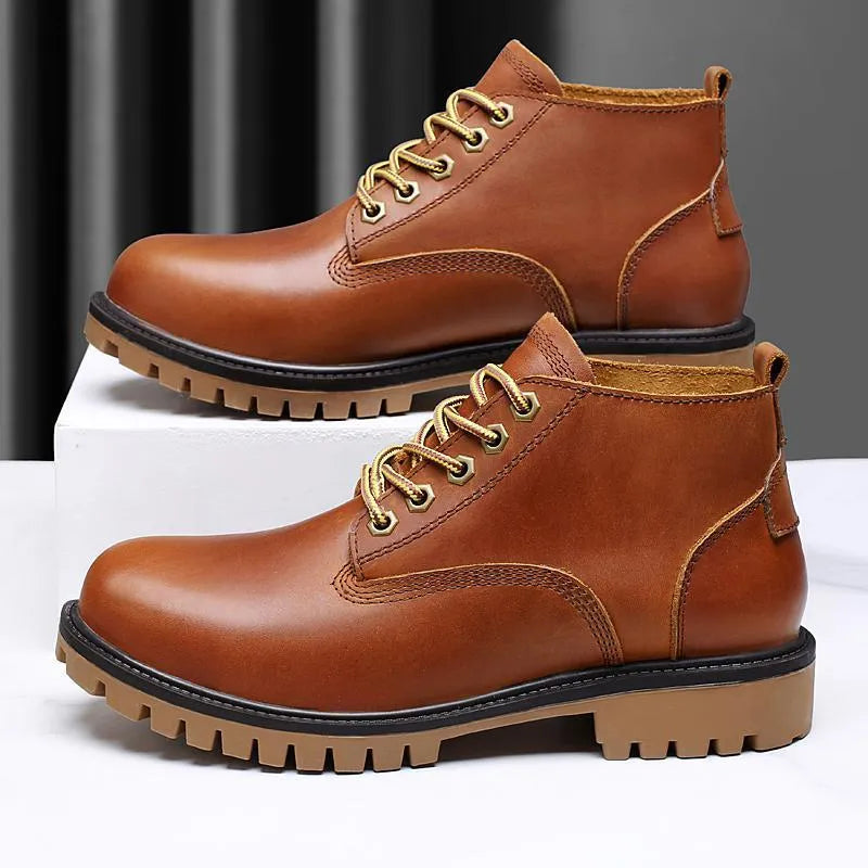 Men's brown leather Martin boots with mid heel platform sole, front lace-up, and round toe, sizes 36-47