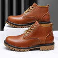 Men's brown leather Martin boots with mid heel platform sole, front lace-up, and round toe, sizes 36-47